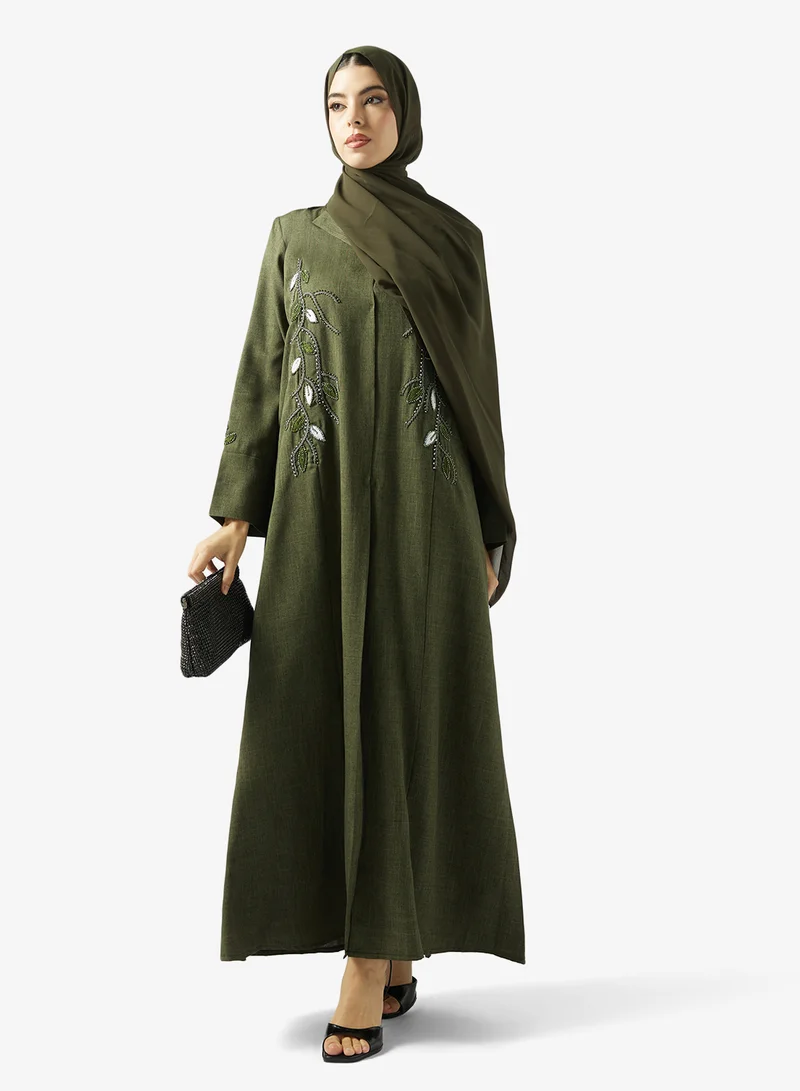 Floral Embellished Open Front Lapel Collar Abaya